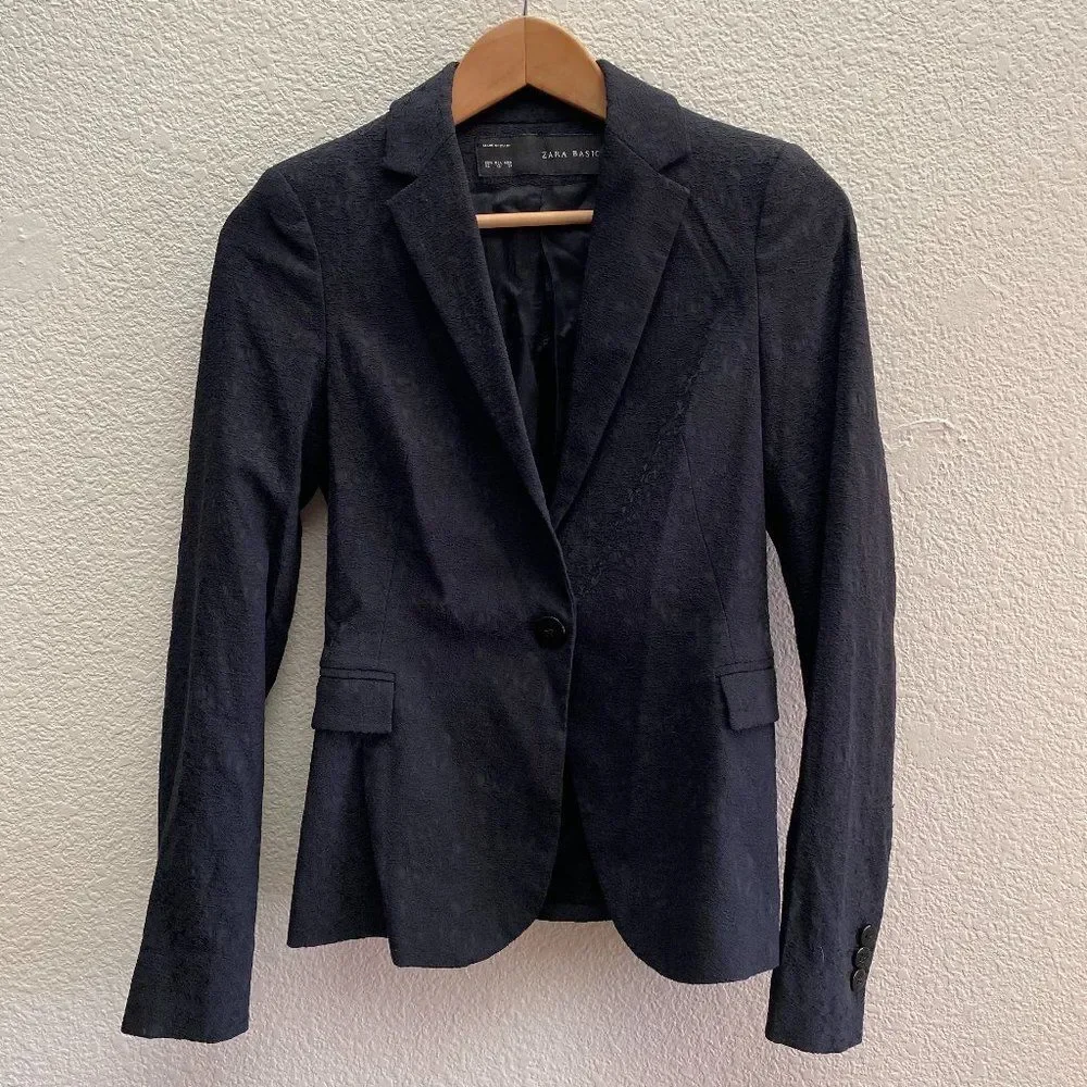 Zara Basic One Button Patterned Blazer Jacket Black Color XS Extra Small